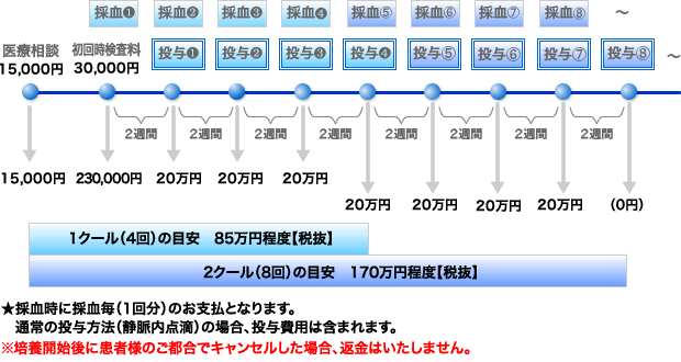 1クール(4回)の目安:90万円程度,2クール(8回)の目安180万円程度です。★採血時に採血毎(1回分)のお支払となります。通常の投与方法(静脈内点滴)の場合、投与費用は含まれます。★リンパ球療法単独の場合のみ、医療相談当日に治療を開始できる場合があります。※培養開始後に患者様のご都合でキャンセルした場合、返金はいたしません。 図:パターン1